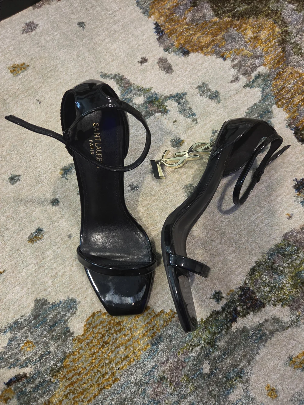 Yves Saint Laurent Black Patent Sandals w/Gold YSL Heels